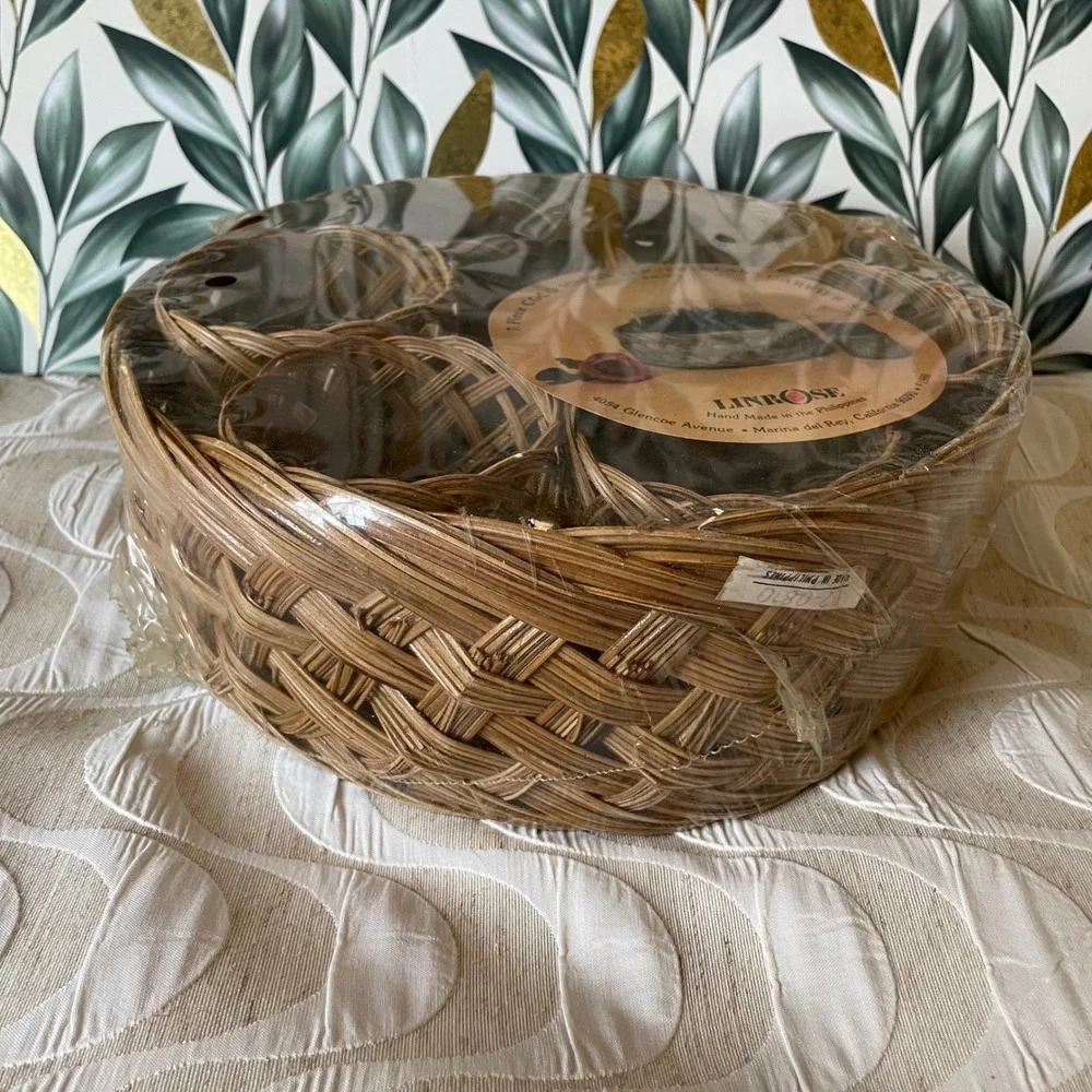 Linrose Vintage 1980 Coco Midrib 7 Piece Glass Carrier Set‎ Woven wicker rattan